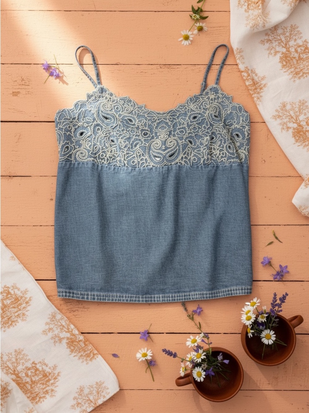 Denim-Look Cami with Cream Lace Trim